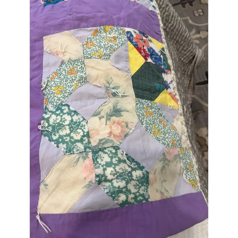 vintage 60-70's handmade patchwork quilt blanket twin size cottage core 6X5